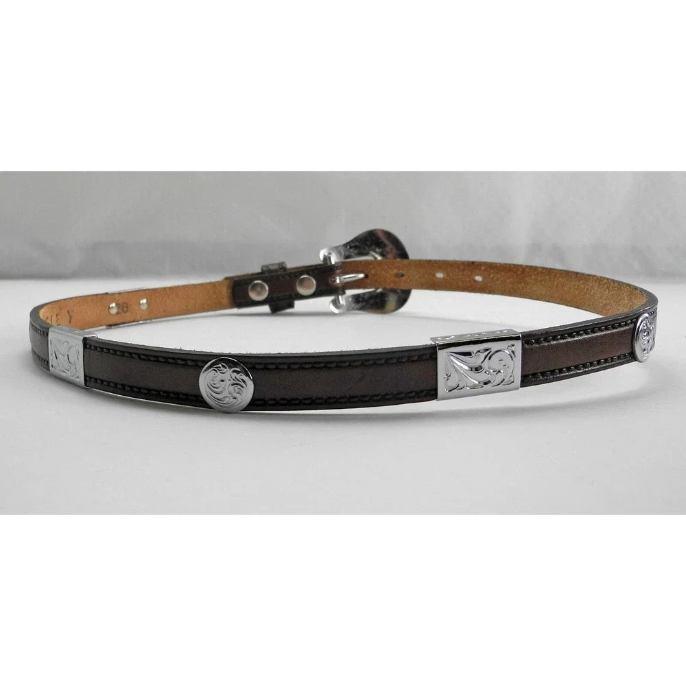 Circle Y Brown Leather Belt Engraved Silver Tone Conchos & Buckle - Size 28